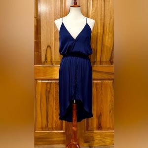 NWT Blue Life LA Silky Navy-Blue Wrap-Top Spaghetti-Strap Petal-Skirt Sundress S